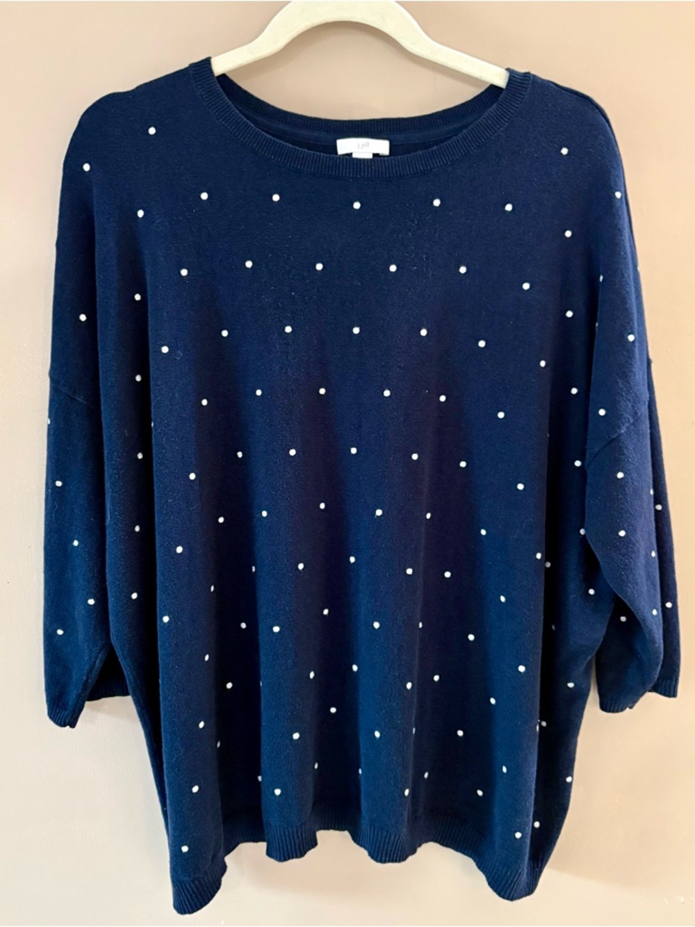 J. Jill 2X Navy Lightweight Spring Sweater w/ White Embroidered Polka Dots